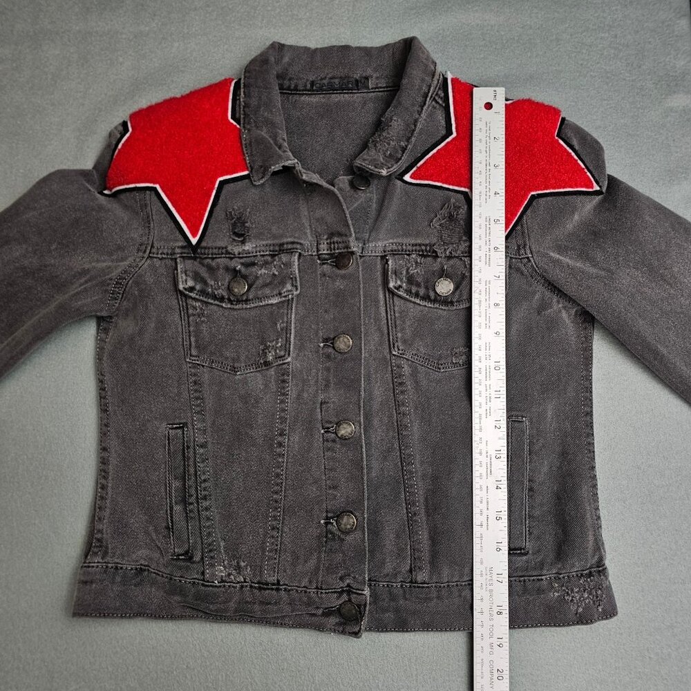Carmar LF Charcoal Gray Faded Black Denim Jacket Red Star Patches M Distressed - Picture 8 of 11
